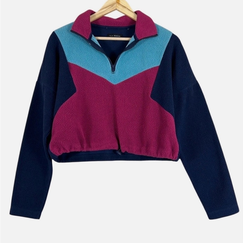 LA Hearts Fleece Pullover Womens XS Colorblock Navy Pink Blue Crop 90s Retro